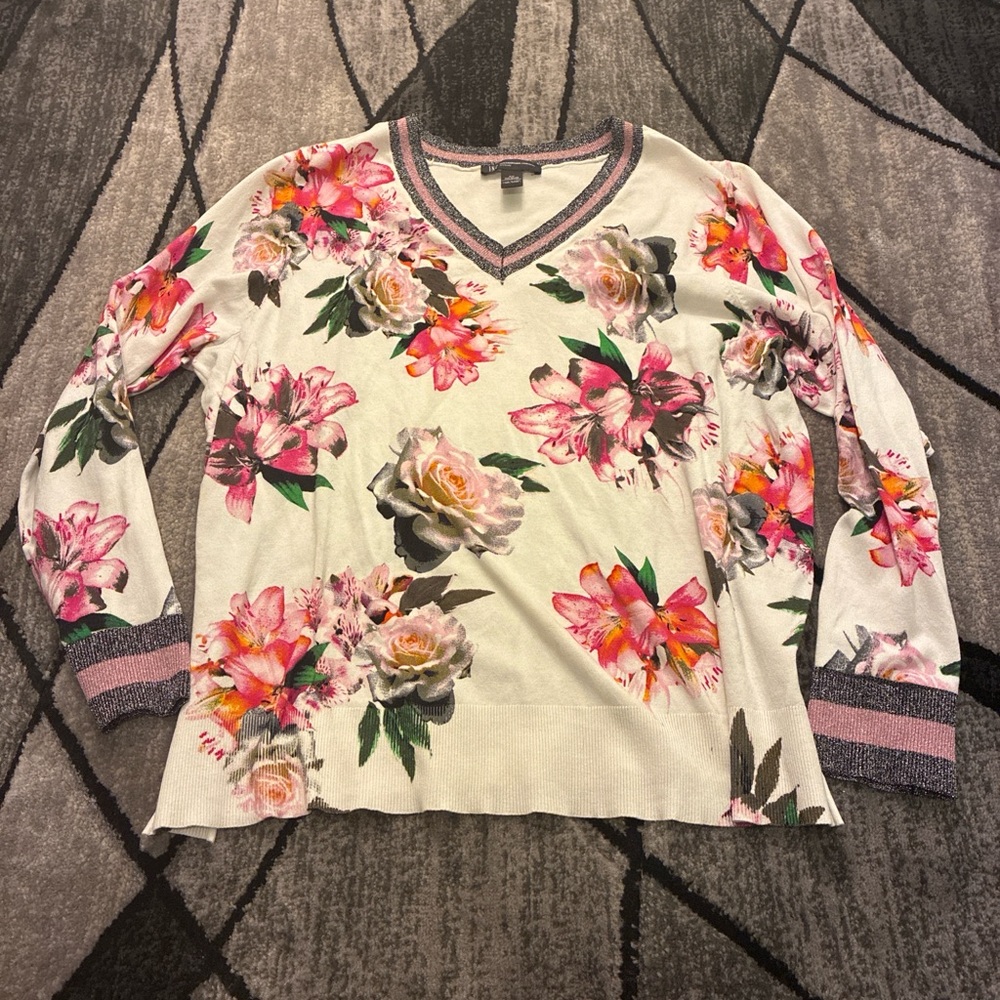 INC International Concepts Cream V-Neck Sweater with Pink Floral Accents